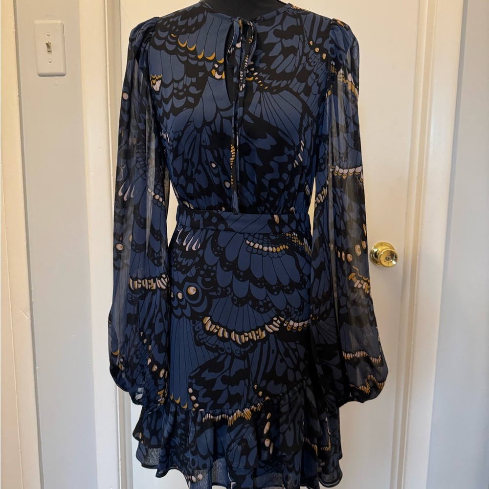 Ted Baker London Navy and Gold Print Ruffle Long-Sleeve Dress